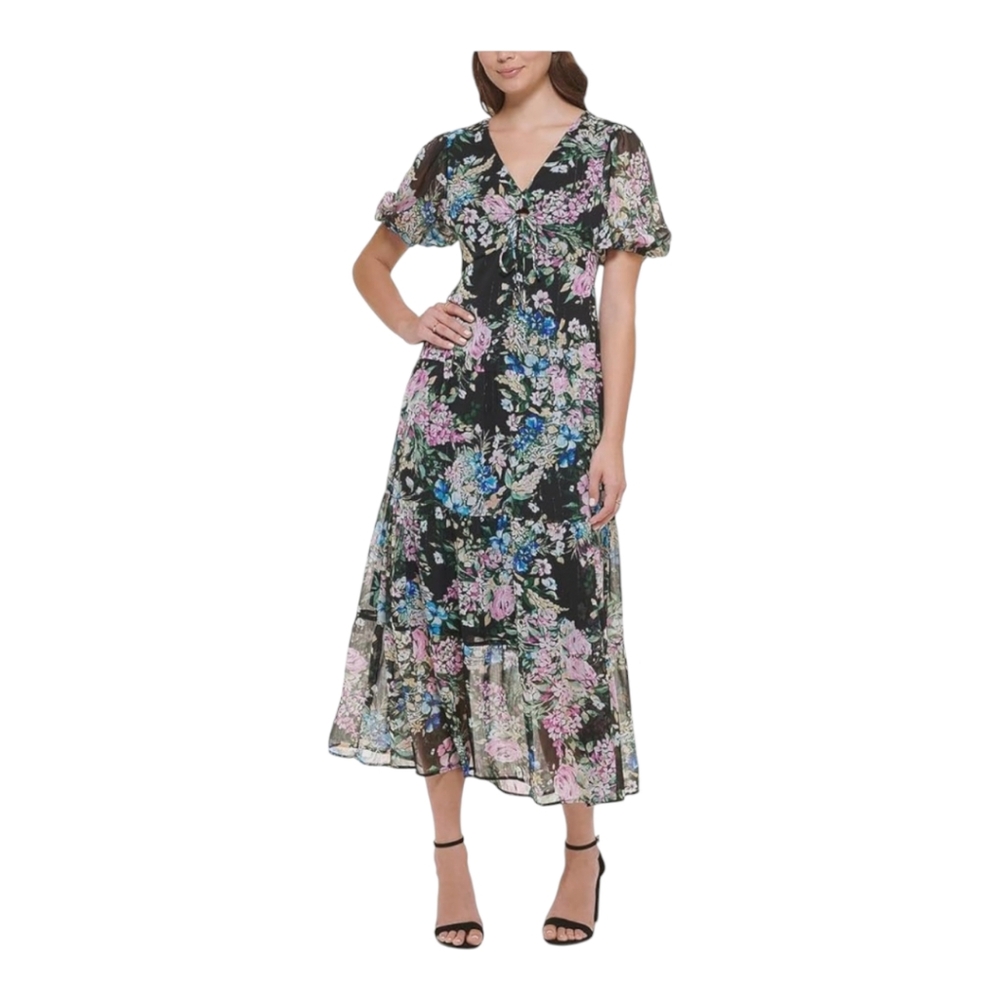Kensie Black Floral Metallic Short Sleeve Semi Sheer V-Neck Maxi Dress 6 Small